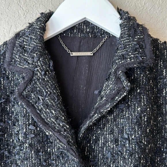 Elie Tahari Black Tweed Button-Up Blazer W/ Fringe Trim Sz Medium - Picture 3 of 16